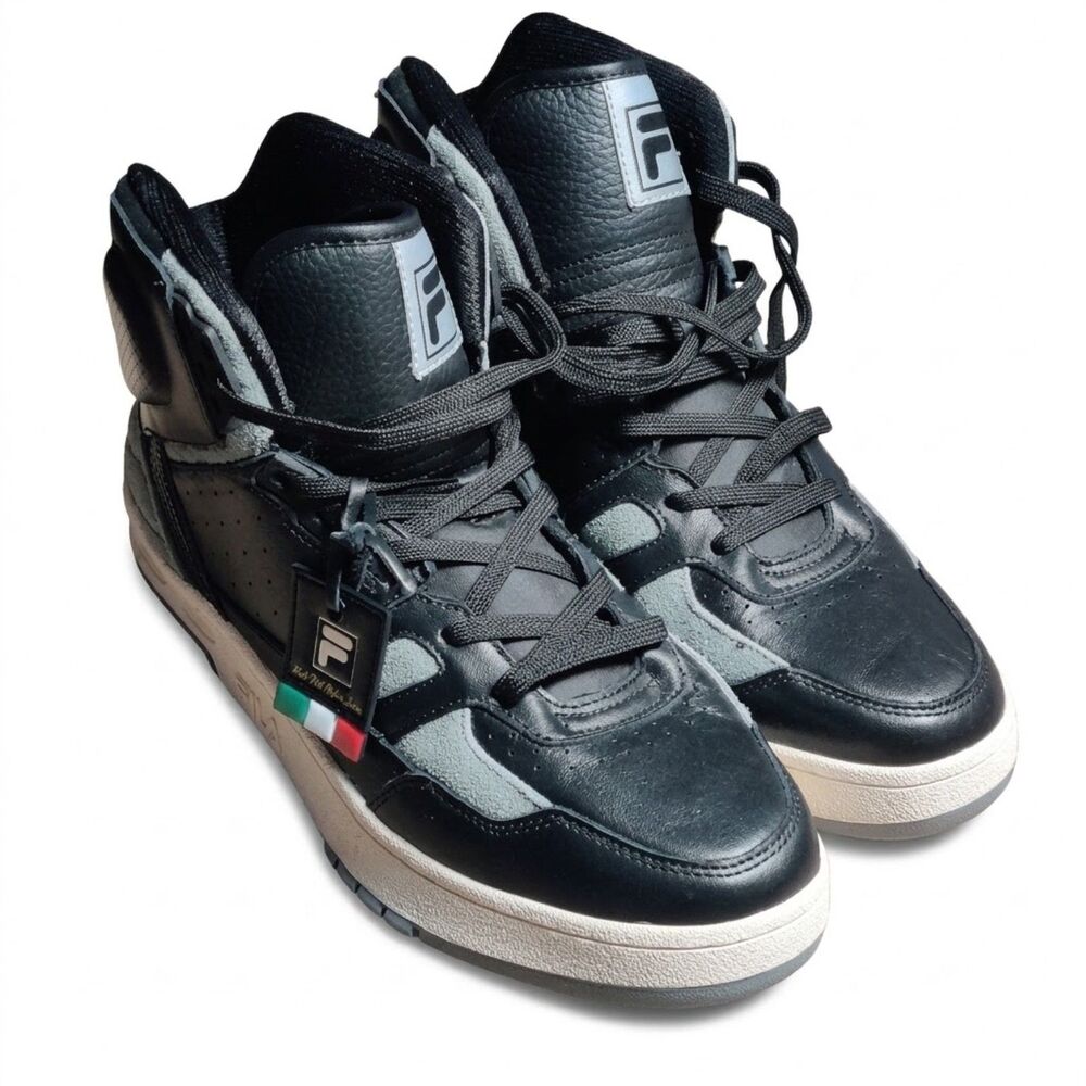FILA Men's FX-100 High Top Sneakers Italian Leather Black Gray 8.5 NWOB